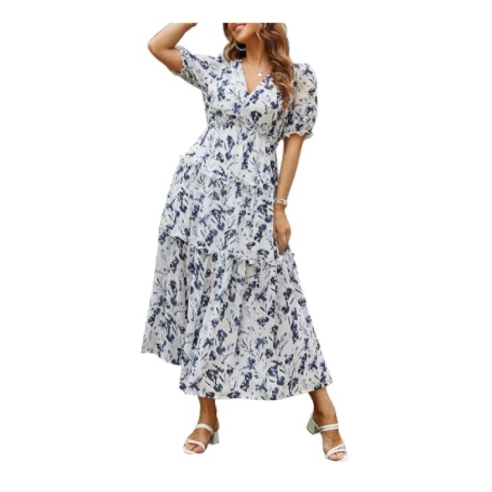 Blue and White Tiered Maxi Dress Size Large